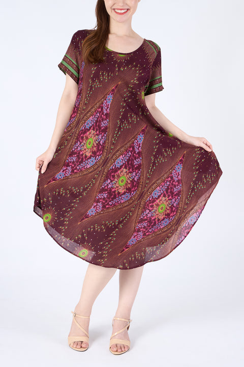 Burgundy Flower Eye Dress with Sleeves and Two Pockets