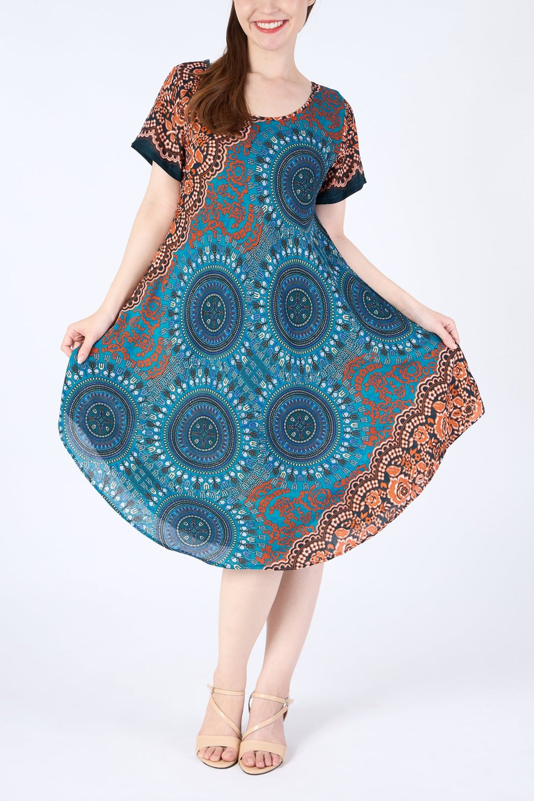 Teal Rose Circle Fabric Dress with Sleeves and Two Pockets - Lannaclothesdesign Shop