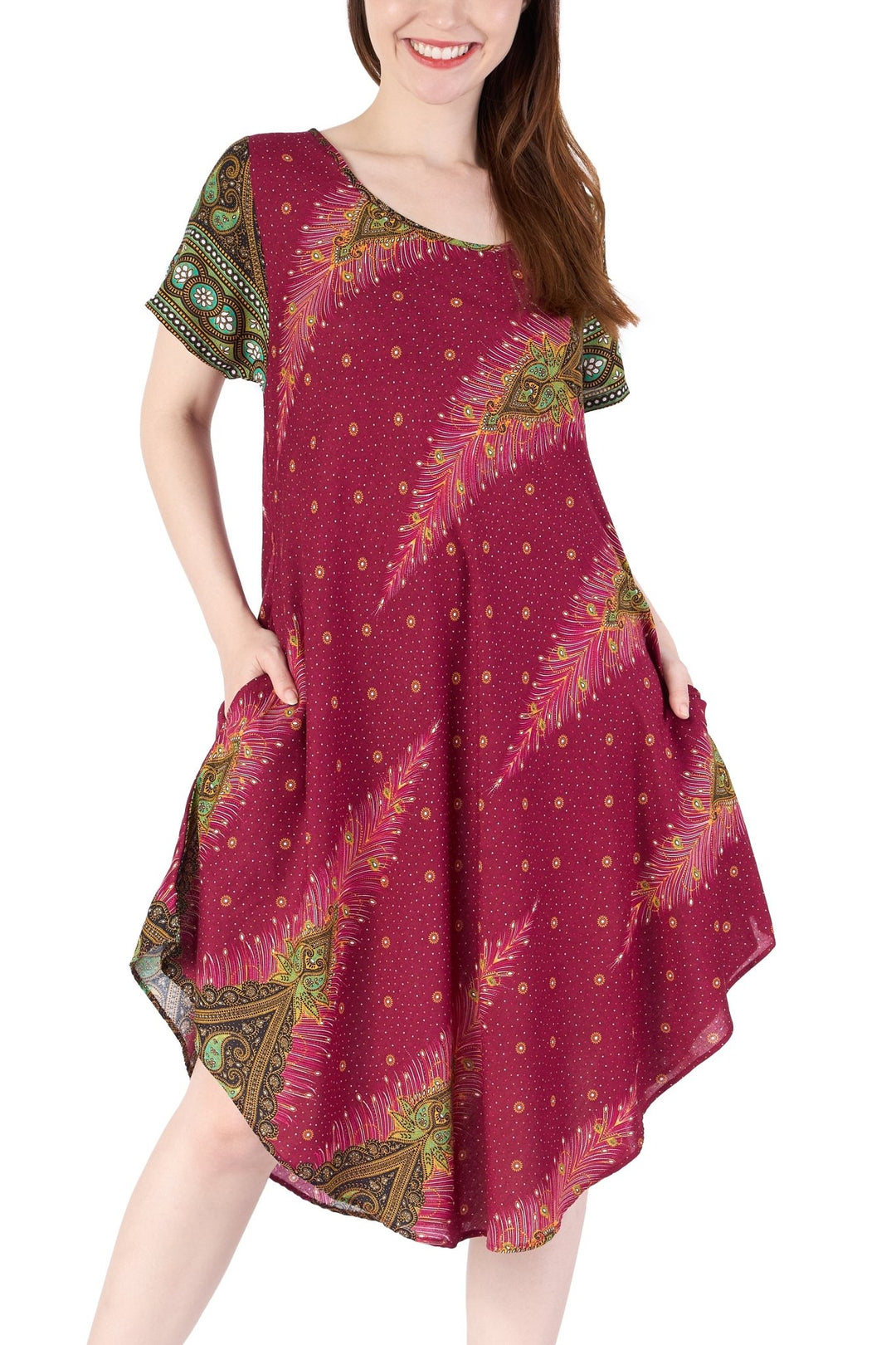 Burgundy Peacock Fabric Dress with Sleeves and Two Pockets - Lannaclothesdesign Shop