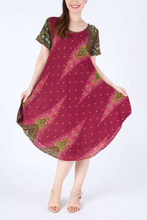 Burgundy Peacock Fabric Dress with Sleeves and Two Pockets