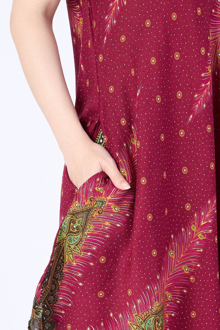 Burgundy Peacock Fabric Dress with Sleeves and Two Pockets - Lannaclothesdesign Shop