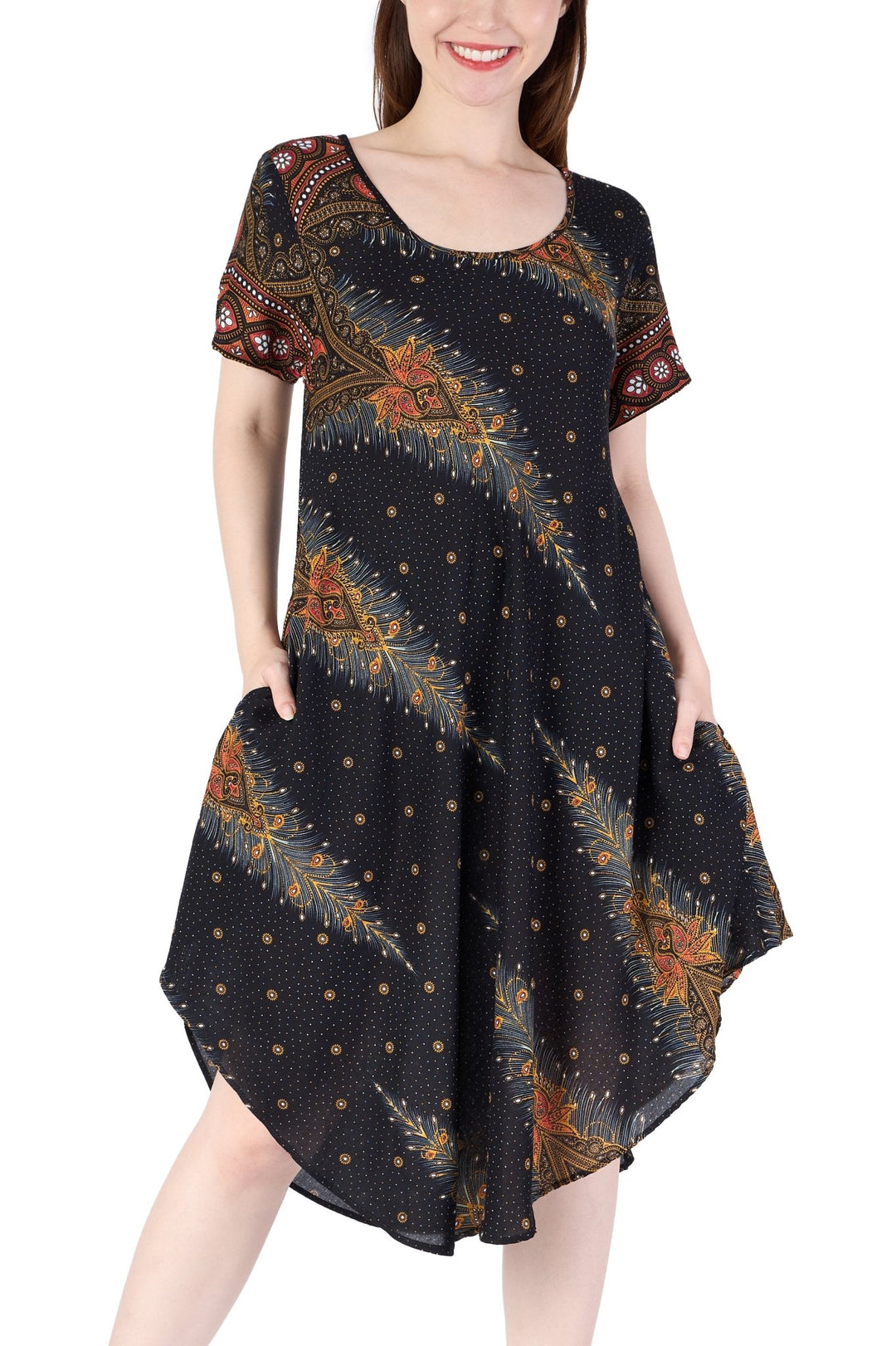 Black Peacock Fabric Dress with Sleeves and Two Pockets - Lannaclothesdesign Shop