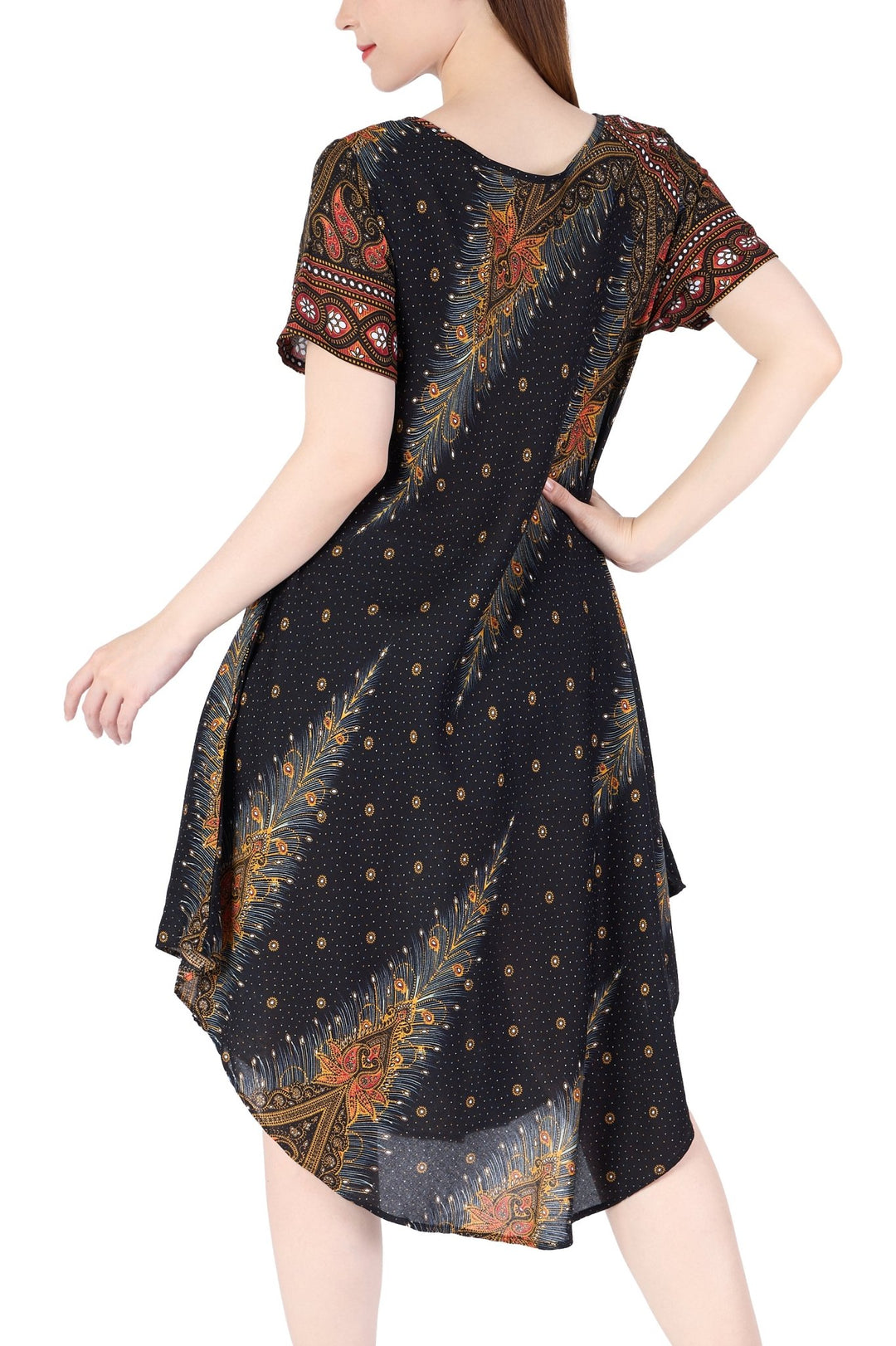 Black Peacock Fabric Dress with Sleeves and Two Pockets - Lannaclothesdesign Shop