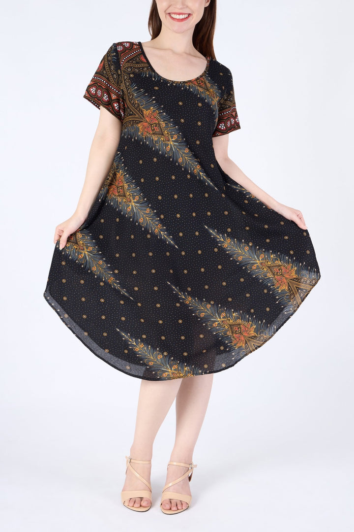 Black Peacock Fabric Dress with Sleeves and Two Pockets - Lannaclothesdesign Shop