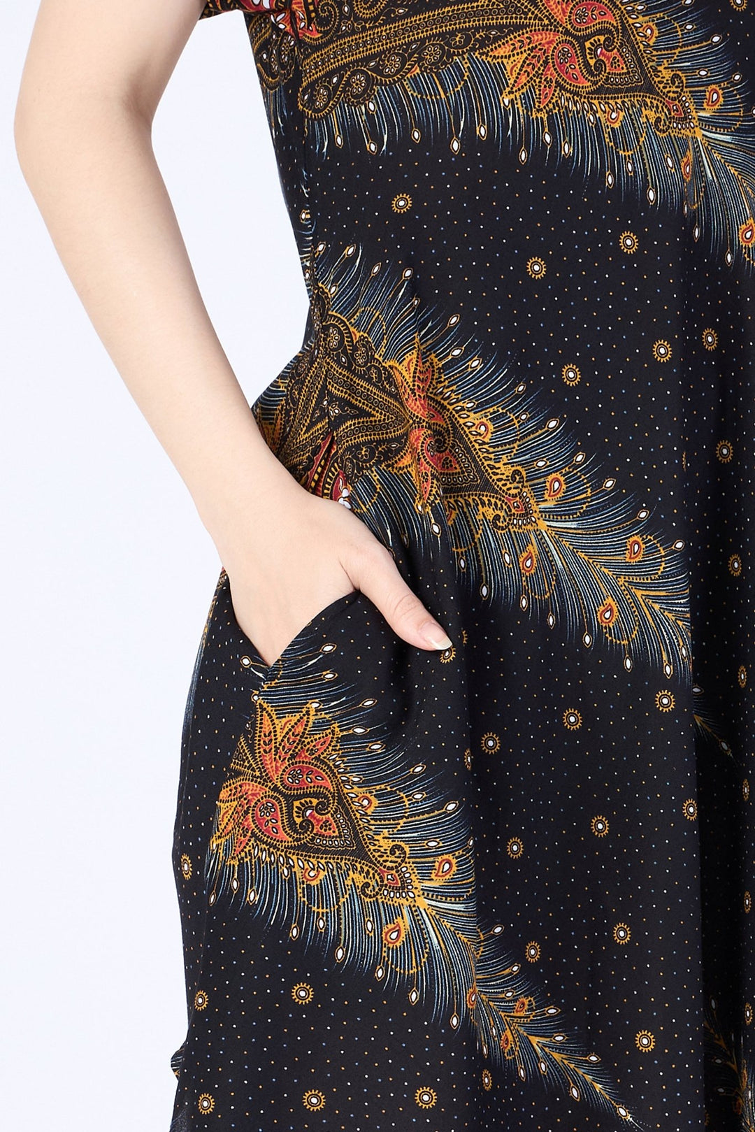 Black Peacock Fabric Dress with Sleeves and Two Pockets - Lannaclothesdesign Shop