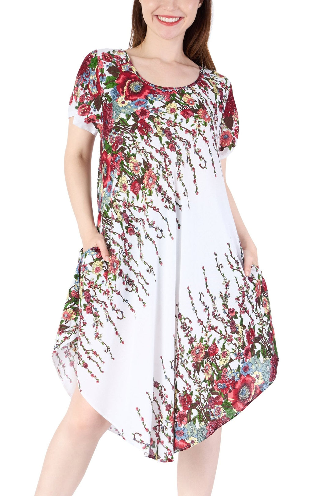 White Flower fabric Dress with Sleeves and Two Pockets - Lannaclothesdesign Shop