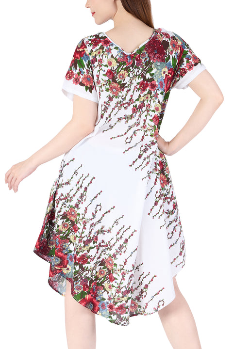 White Flower fabric Dress with Sleeves and Two Pockets