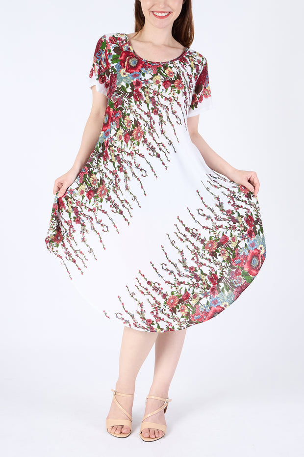 White Flower fabric Dress with Sleeves and Two Pockets