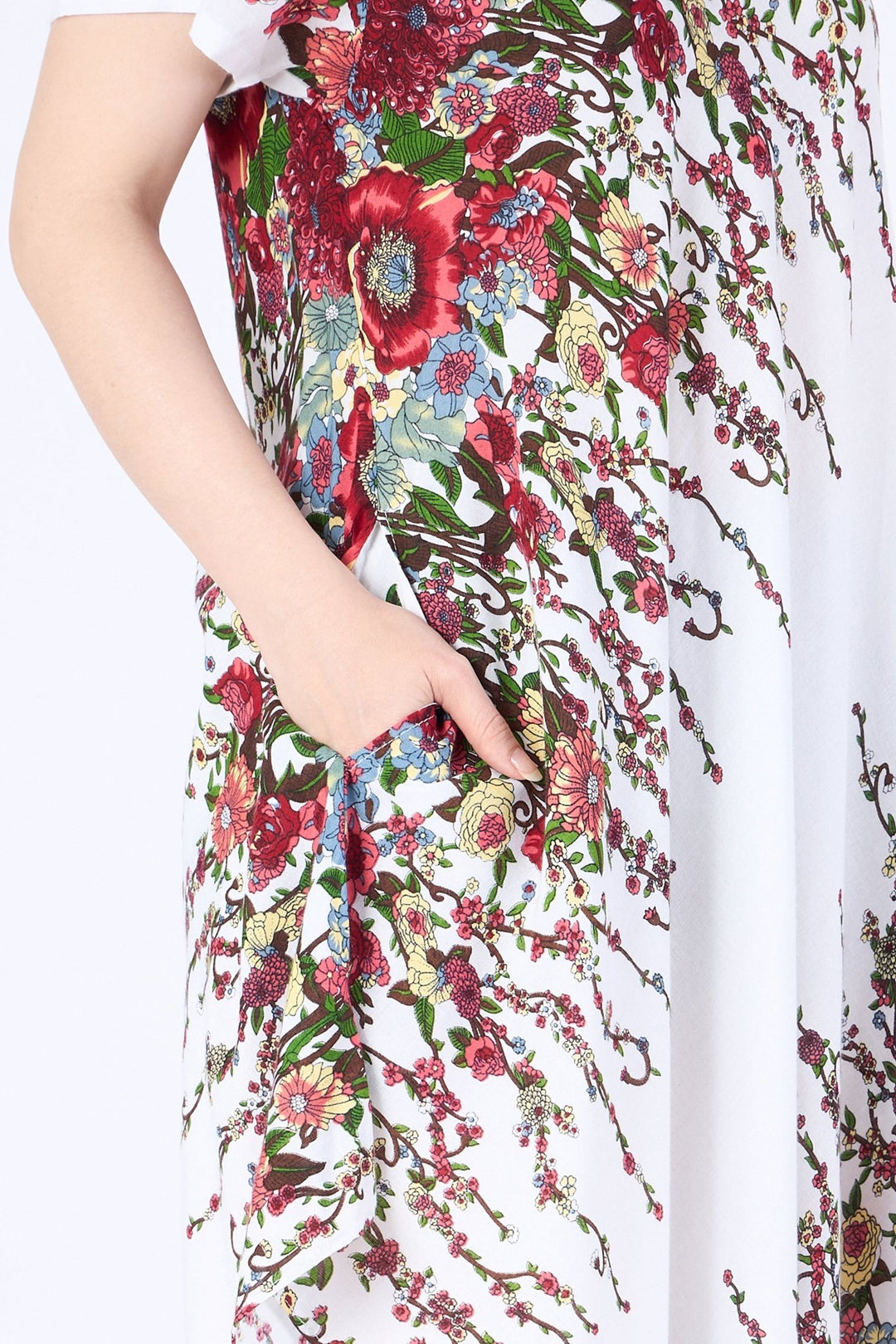 White Flower fabric Dress with Sleeves and Two Pockets - Lannaclothesdesign Shop