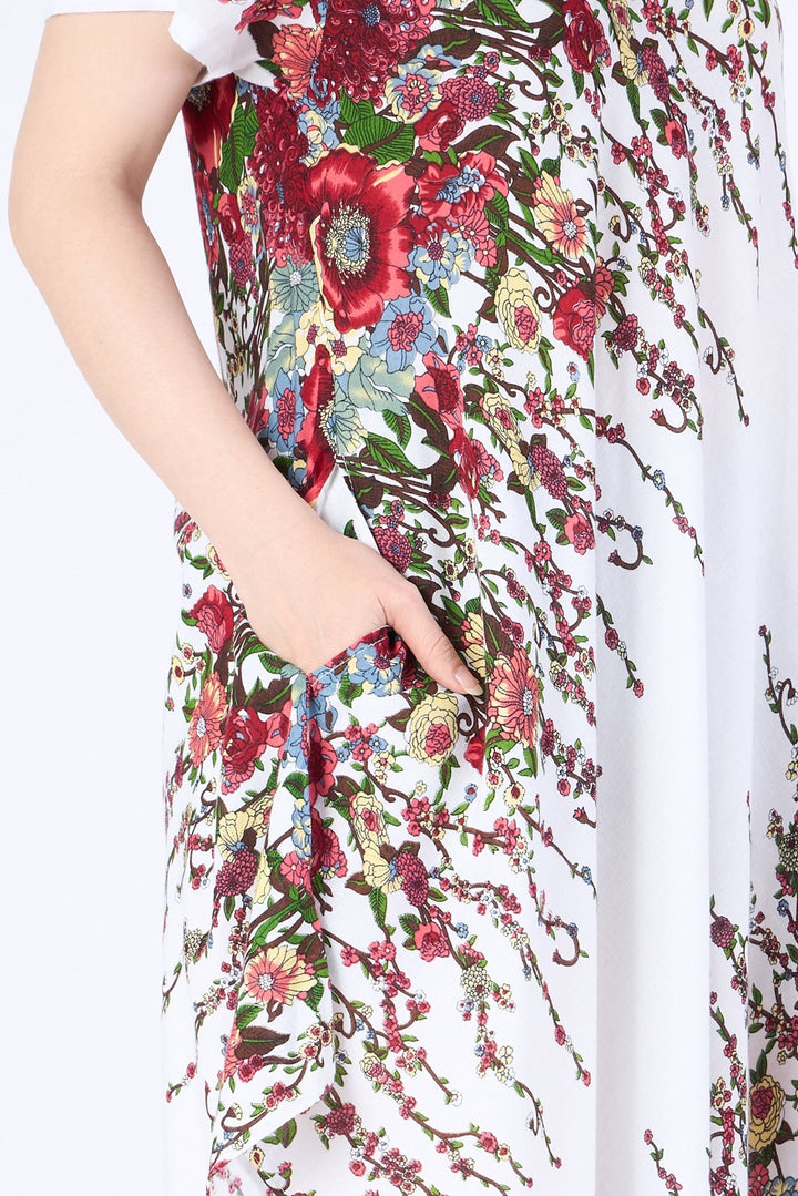 White Flower fabric Dress with Sleeves and Two Pockets - Lannaclothesdesign Shop