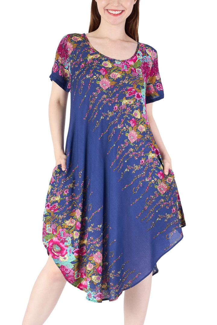 Dark Blue Flower fabric Dress with Sleeves and Two Pockets - Lannaclothesdesign Shop