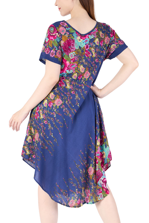 Dark Blue Flower fabric Dress with Sleeves and Two Pockets