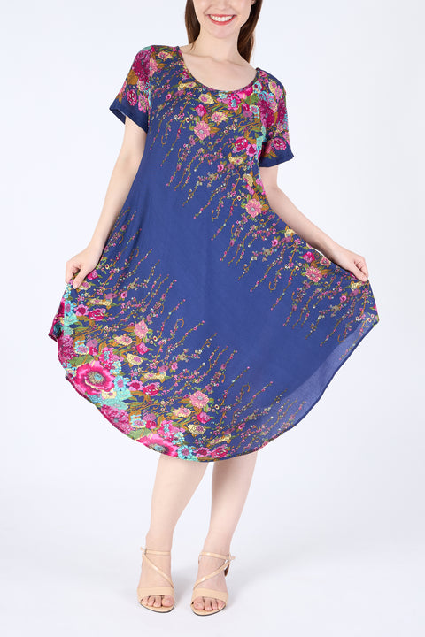 Dark Blue Flower fabric Dress with Sleeves and Two Pockets