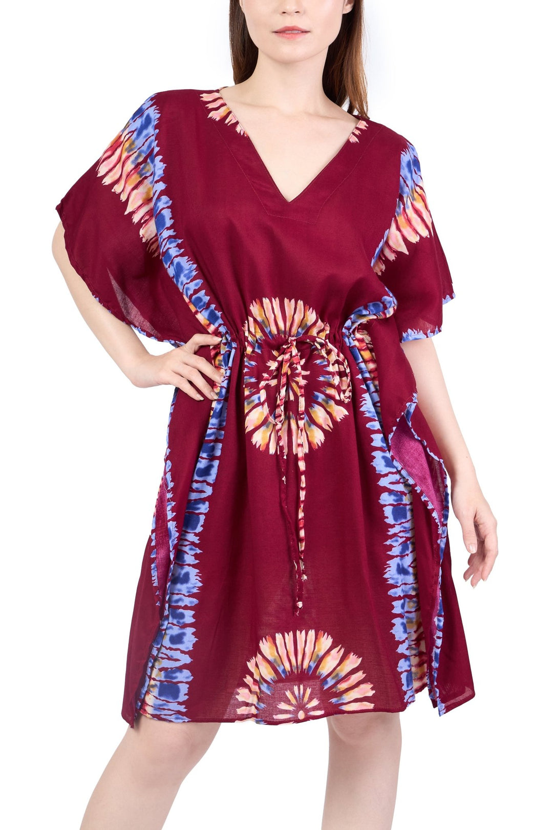 Rayon Boho Tops Dress Kimono - Burgundy Printed Colorful - Lannaclothesdesign Shop