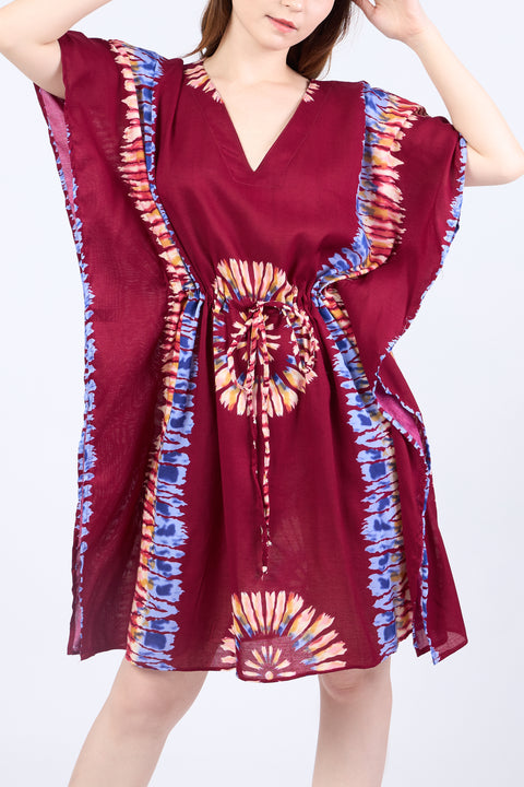 Rayon Boho Tops Dress Kimono - Burgundy Printed Colorful