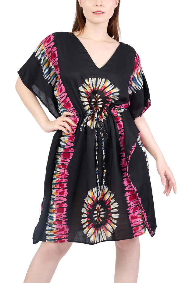 Rayon Boho Tops Dress Kimono - Black Printed Colorful