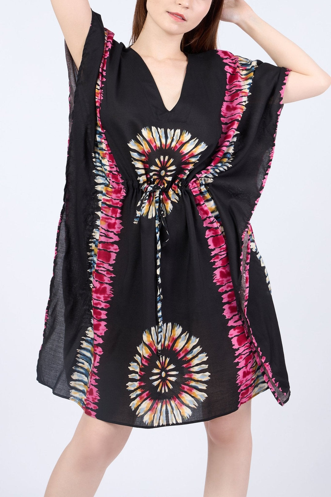 Rayon Boho Tops Dress Kimono - Black Printed Colorful - Lannaclothesdesign Shop