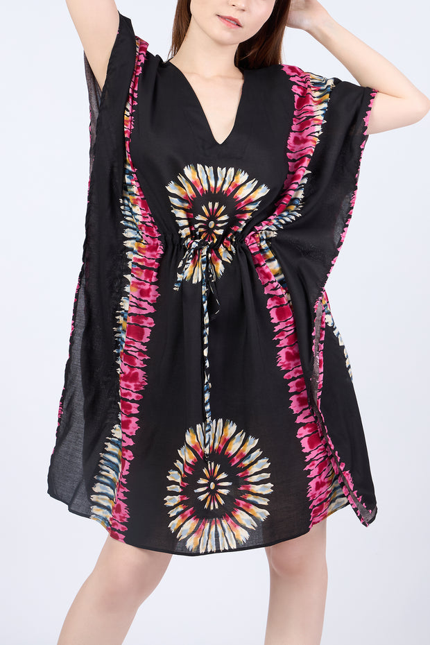 Rayon Boho Tops Dress Kimono - Black Printed Colorful