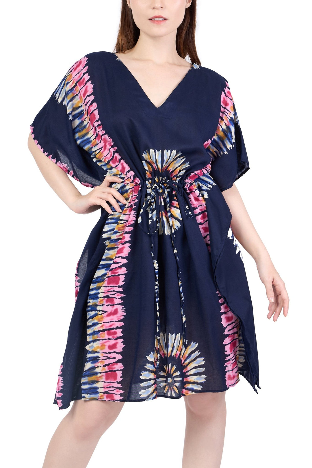Rayon Boho Tops Dress Kimono - Dark Blue Printed Colorful - Lannaclothesdesign Shop