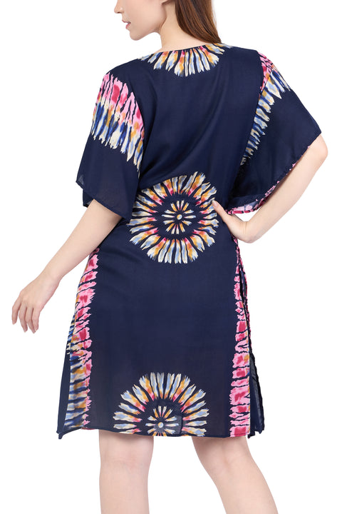 Rayon Boho Tops Dress Kimono - Dark Blue Printed Colorful