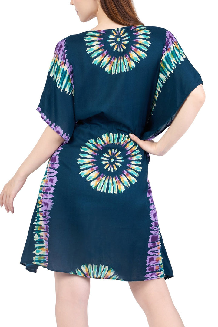 Rayon Boho Tops Dress Kimono - Teal Printed Colorful - Lannaclothesdesign Shop