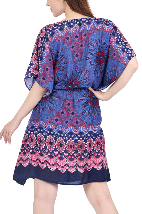 Rayon Boho Tops Dress Kimono - Dark Blue Flower Mandala