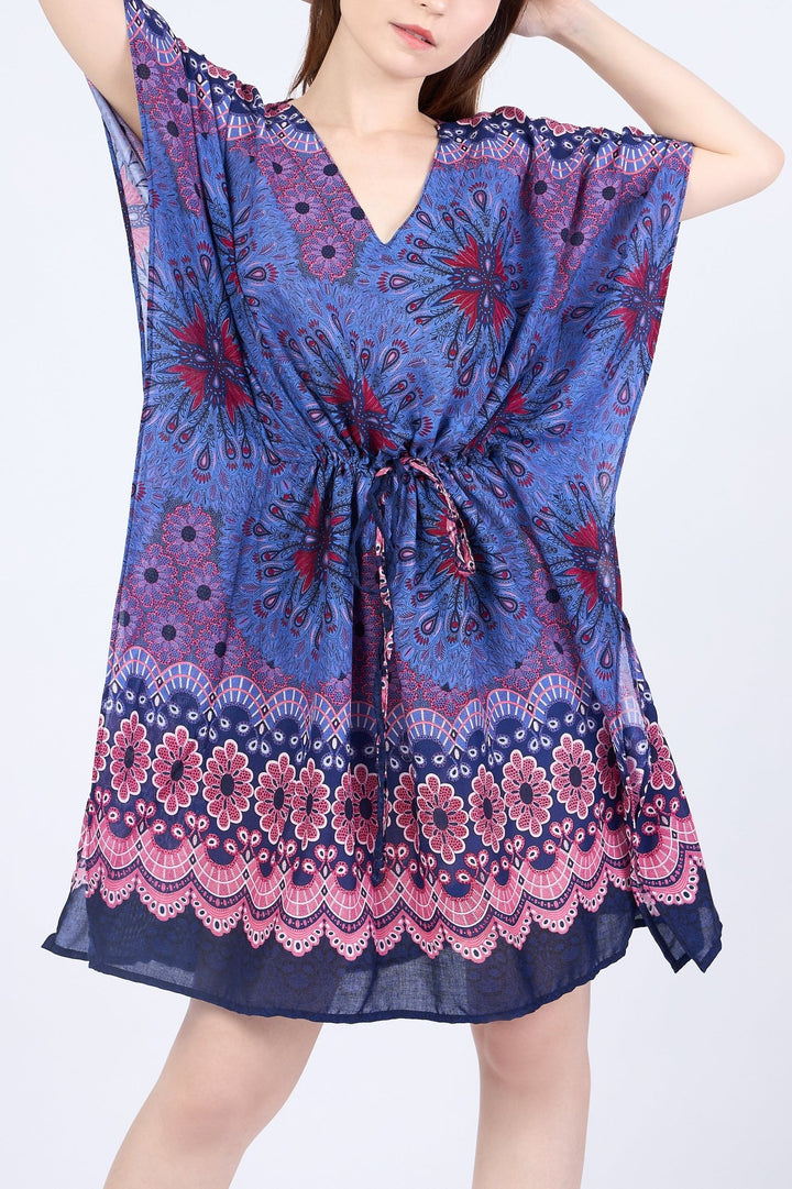Rayon Boho Tops Dress Kimono - Dark Blue Flower Mandala - Lannaclothesdesign Shop