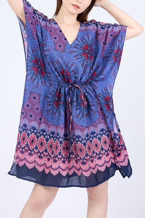 Rayon Boho Tops Dress Kimono - Dark Blue Flower Mandala