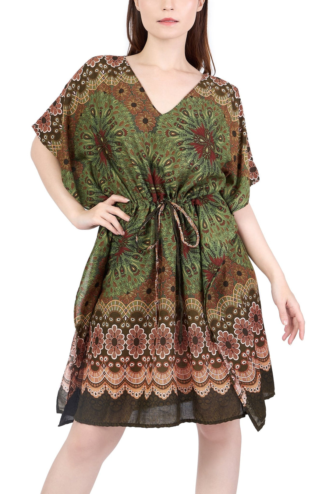 Rayon Boho Tops Dress Kimono - Green Flower Mandala - Lannaclothesdesign Shop
