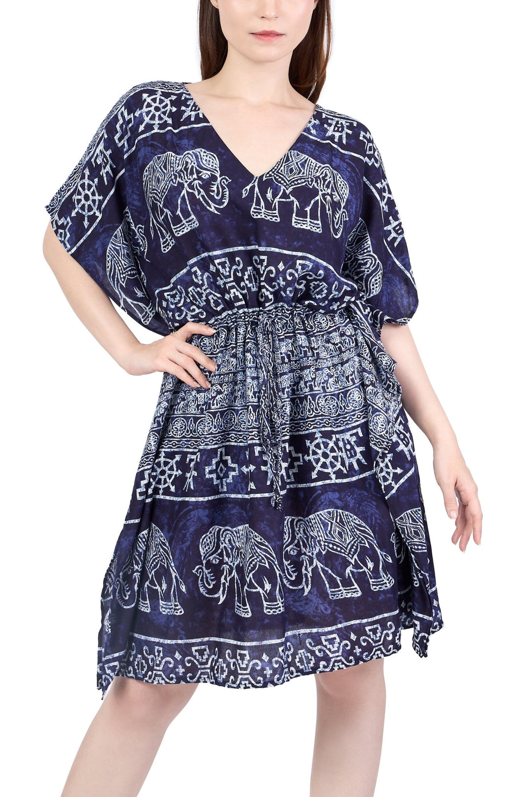 Rayon Boho Tops Dress Kimono - Dark Blue Elephant - Lannaclothesdesign Shop