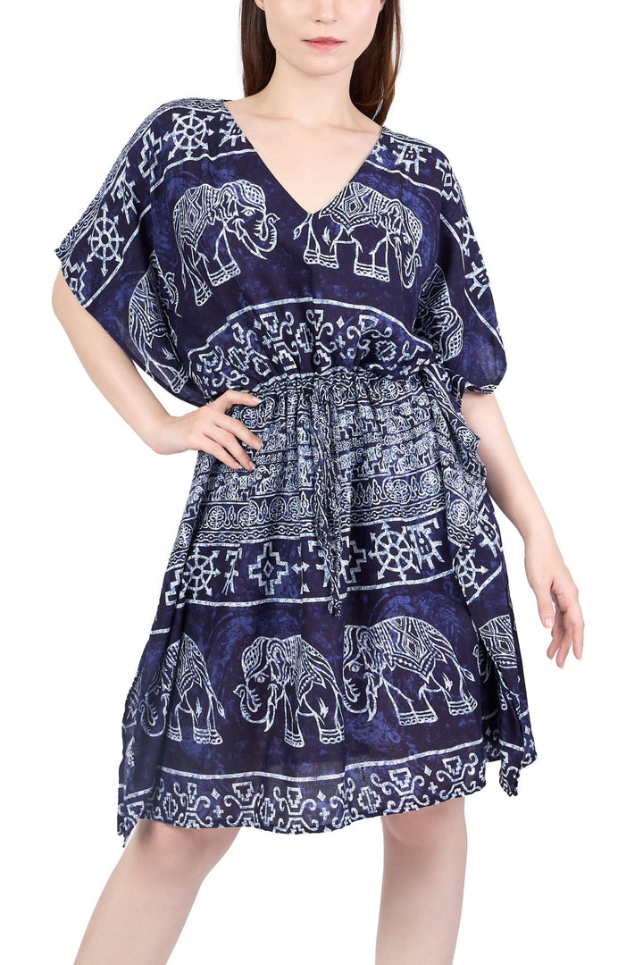 Rayon Boho Tops Dress Kimono - Dark Blue Elephant - Lannaclothesdesign Shop