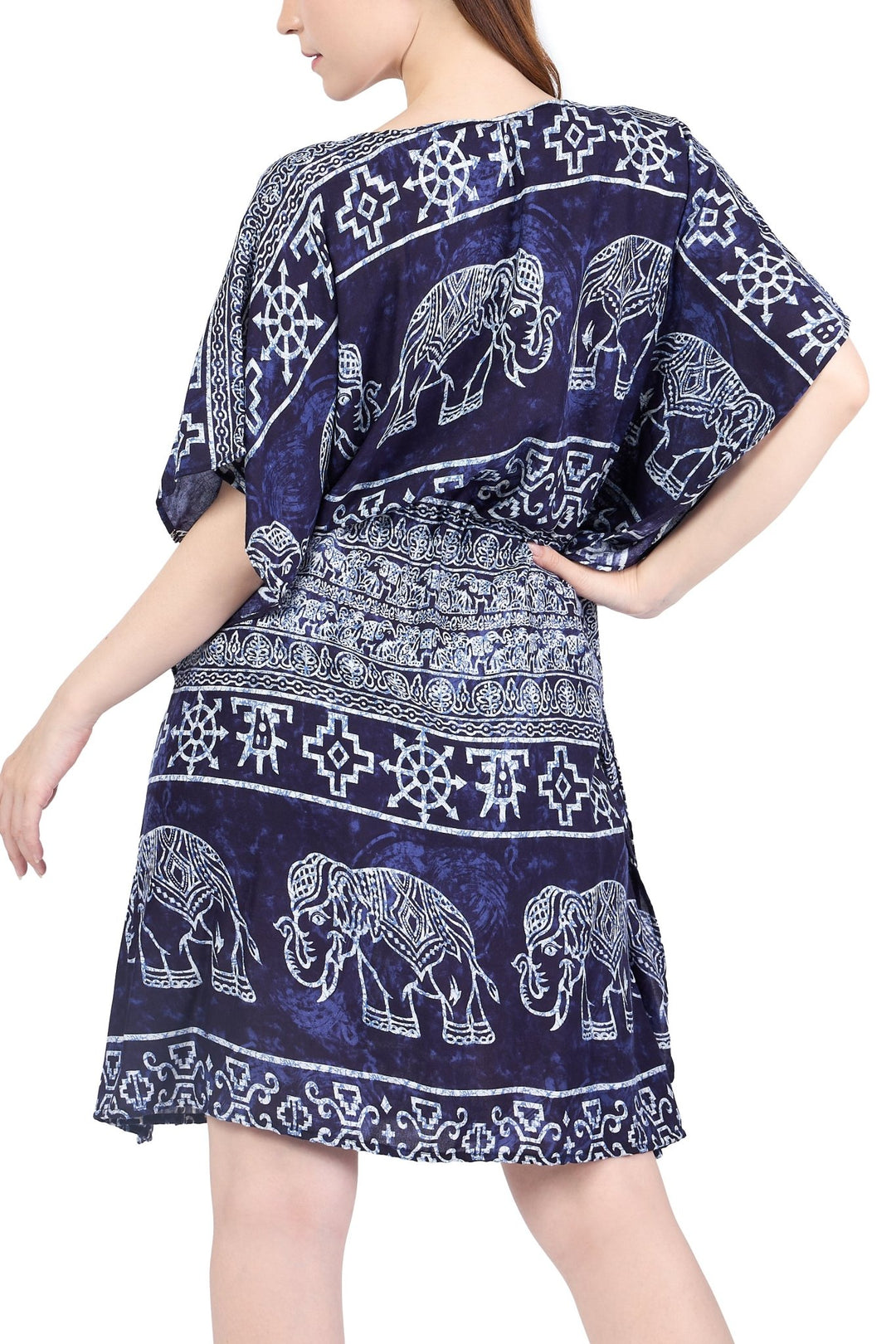 Rayon Boho Tops Dress Kimono - Dark Blue Elephant - Lannaclothesdesign Shop