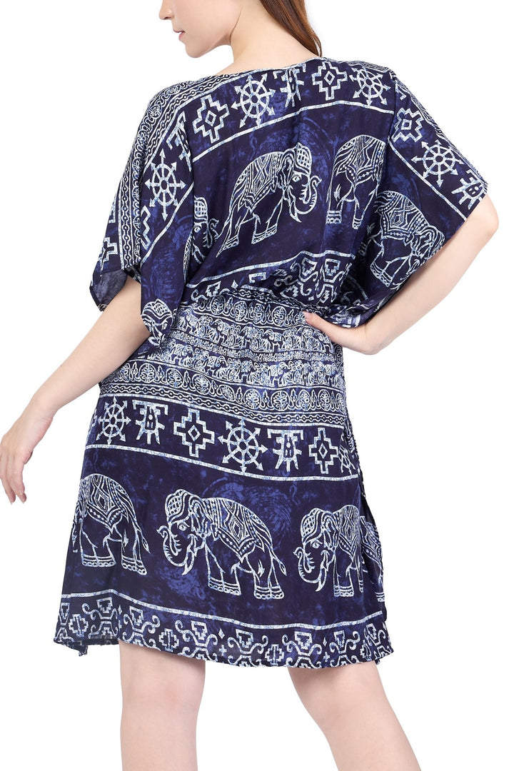 Rayon Boho Tops Dress Kimono - Dark Blue Elephant - Lannaclothesdesign Shop