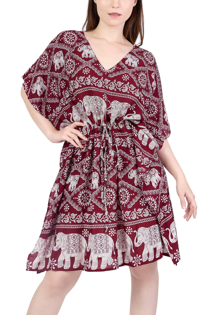 Rayon Boho Tops Dress Kimono - Burgundy Elephant - Lannaclothesdesign Shop