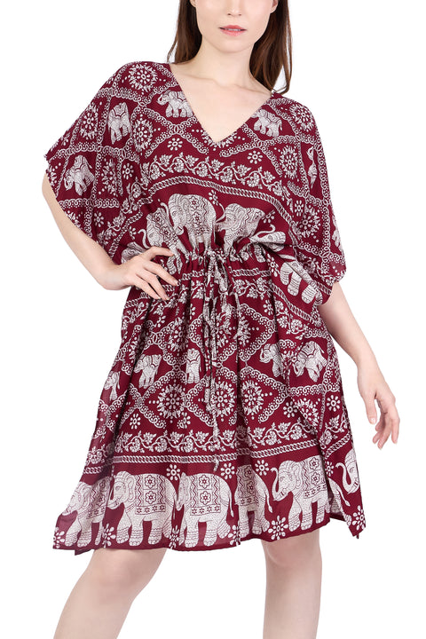 Rayon Boho Tops Dress Kimono - Burgundy Elephant