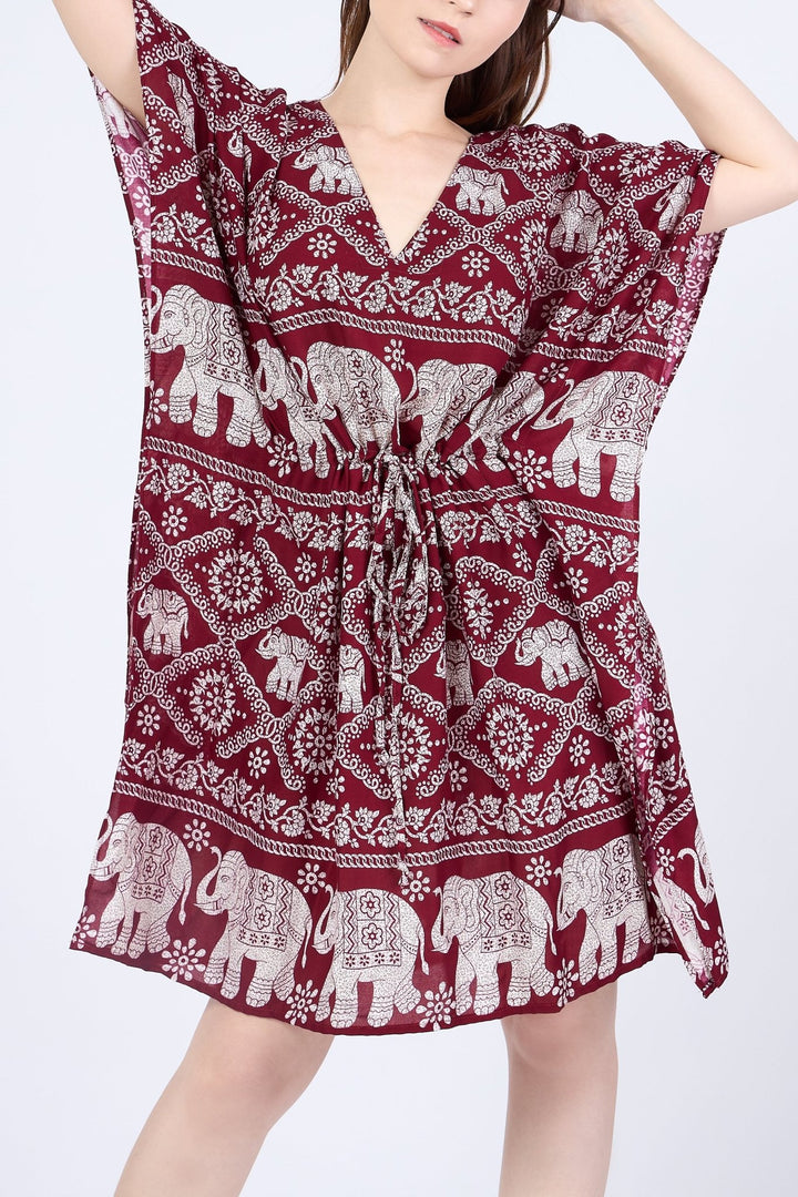 Rayon Boho Tops Dress Kimono - Burgundy Elephant - Lannaclothesdesign Shop