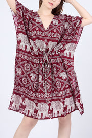 Rayon Boho Tops Dress Kimono - Burgundy Elephant