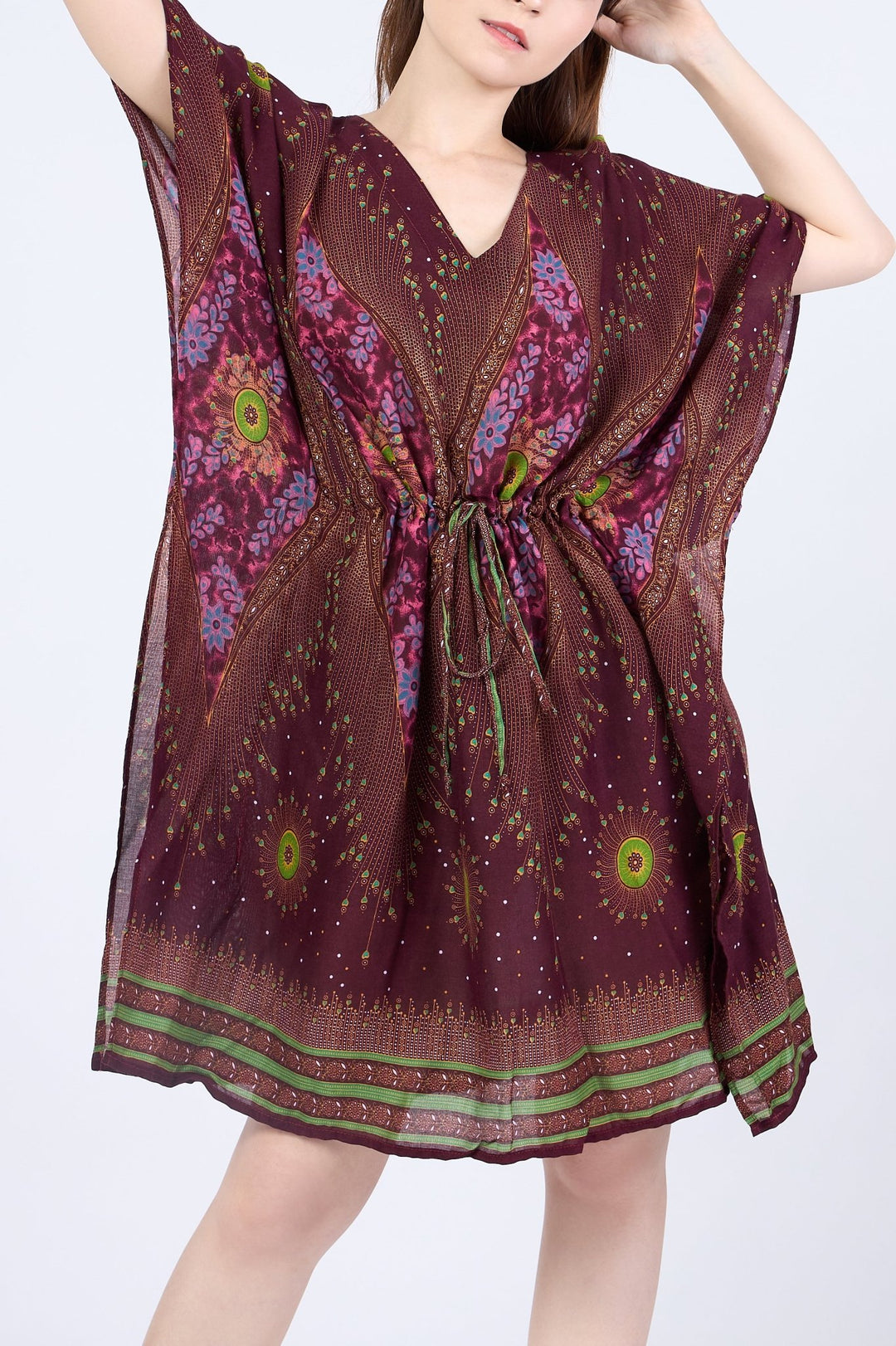 Rayon Boho Tops Dress Kimono - Burgundy Flower Eye - Lannaclothesdesign Shop