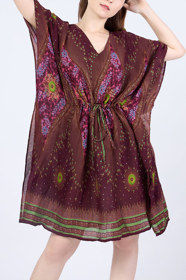 Rayon Boho Tops Dress Kimono - Burgundy Flower Eye