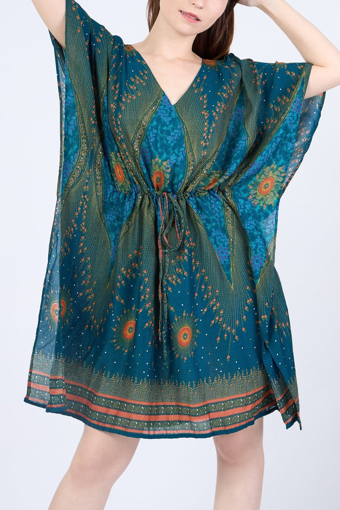 Rayon Boho Tops Dress Kimono - Teal Flower Eye - Lannaclothesdesign Shop