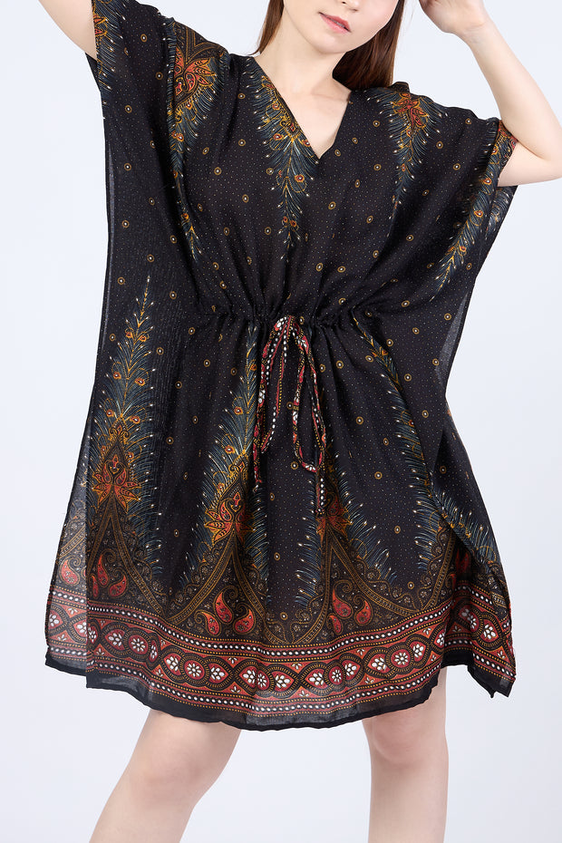 Rayon Boho Tops Dress Kimono - Black Peacock