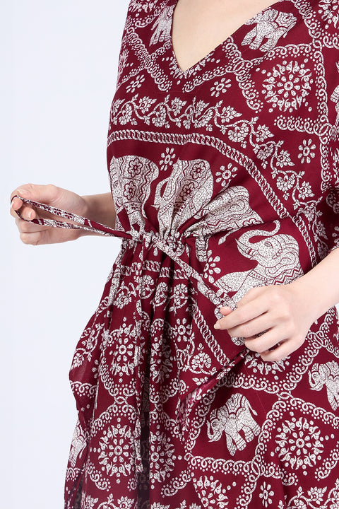 Rayon Boho Tops Dress Kimono - Burgundy Elephant