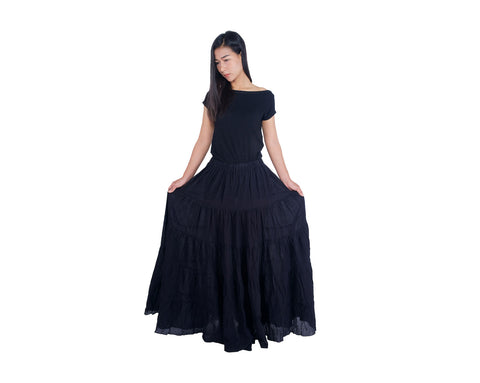 BLACK COTTON MAXI RUFFLE SKIRT