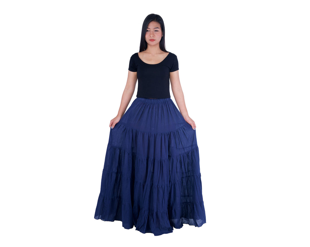 DARK BLUE COTTON MAXI RUFFLE SKIRT - Lannaclothesdesign Shop