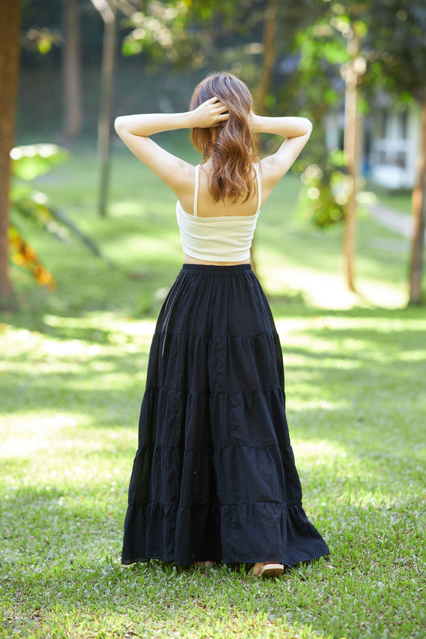 BLACK COTTON MAXI RUFFLE SKIRT