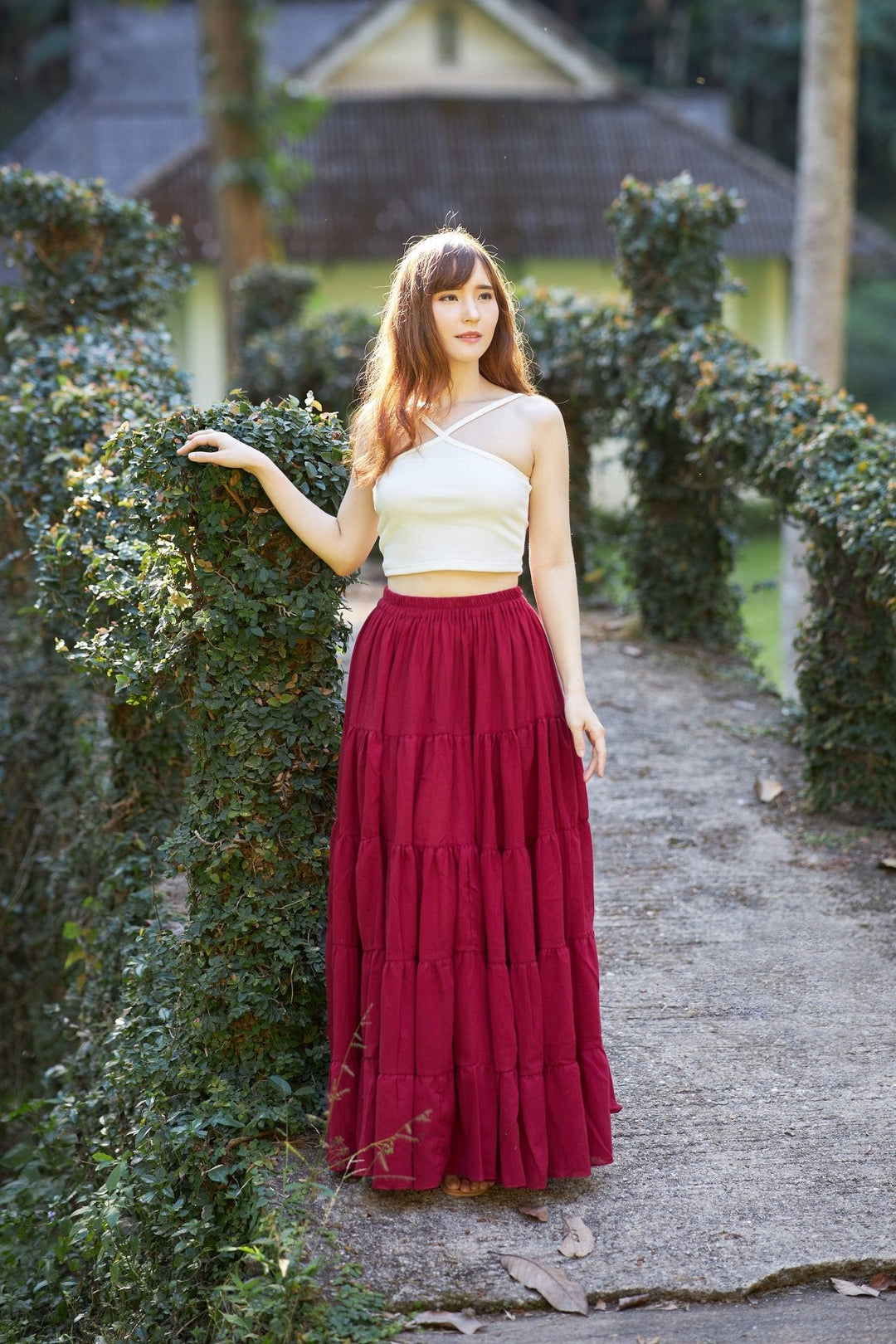 Burgundy Long Cotton Ruffle Maxi Skirt - Lannaclothesdesign Shop