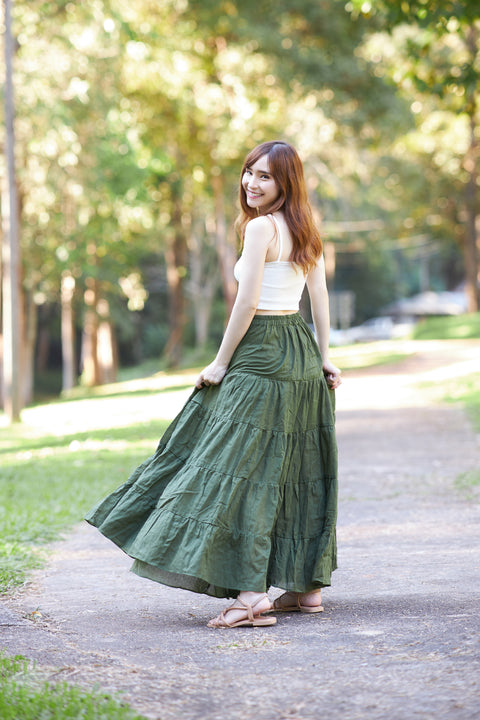 GREEN COTTON MAXI RUFFLE SKIRT