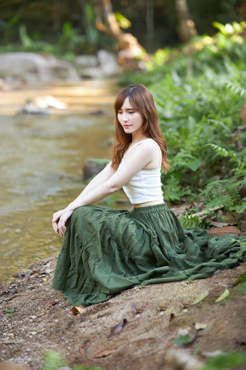 GREEN COTTON MAXI RUFFLE SKIRT