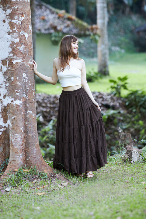 BROWN COTTON MAXI RUFFLE SKIRT