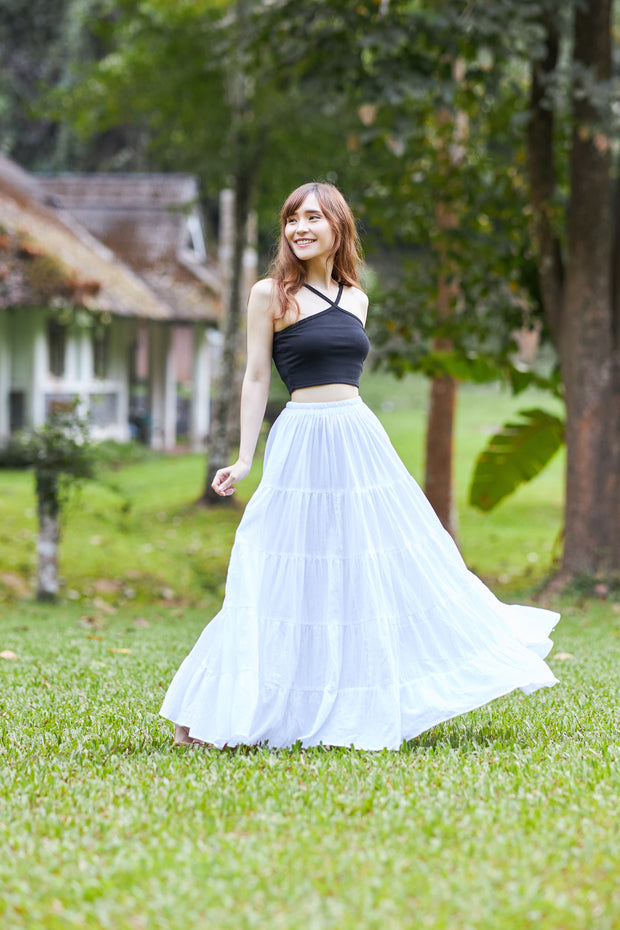 WHITE COTTON MAXI RUFFLE SKIRT